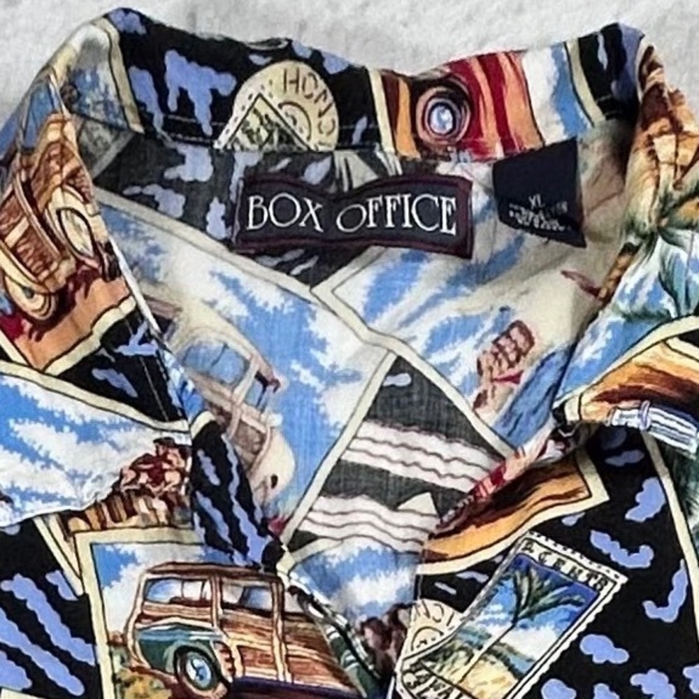 Box Office Mens XL Hawaiian Shirt Postcard Woody Car Surf Rayon Button Down